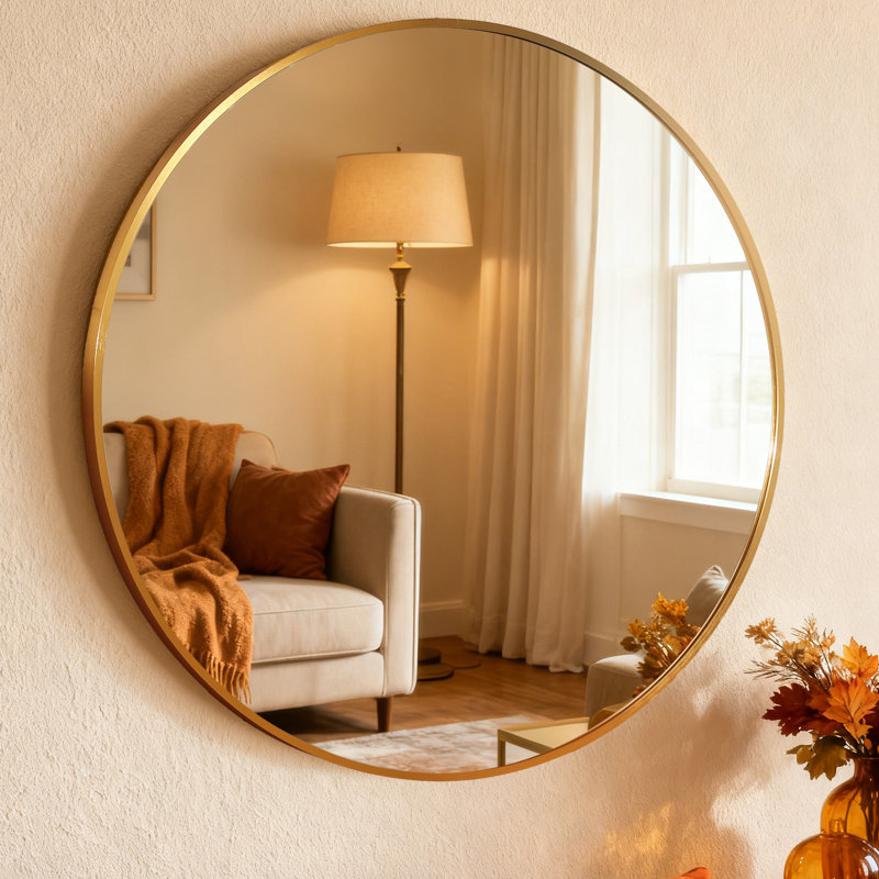 Miroir de salle de bain rond avec cadre en alliage d'aluminium et verre trempé, 36 po x 36 po, Laiton brossé