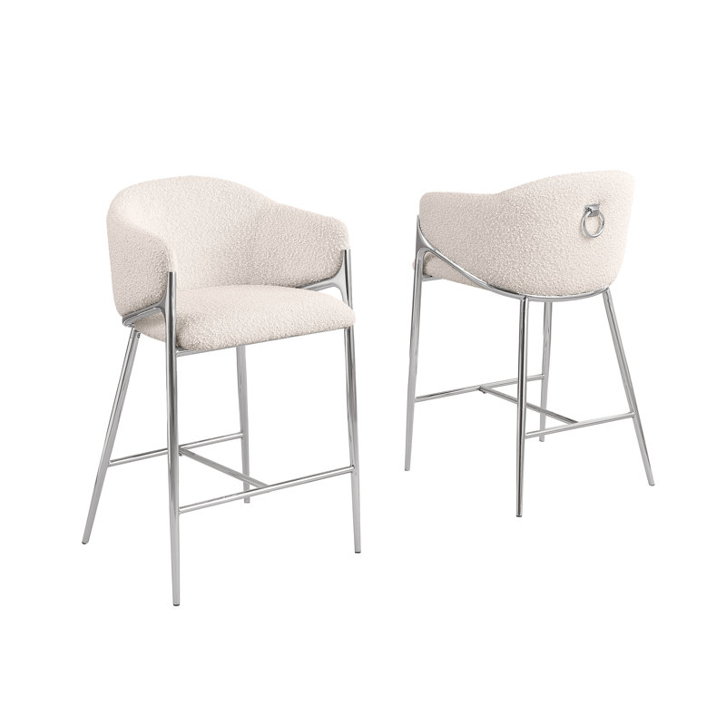 Tabourets de bar en tissu Teddy Boucle, Siège crème / cadre argenté, Tabouret de bar (siège d'une hauteur de 30 po)