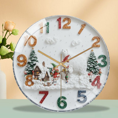 Christmas-Polar-Bear-Elf-Clock Art - 12‘’ Modern Glass Wall Clock