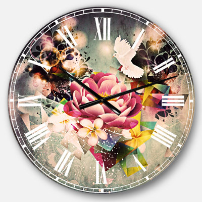 Fleurs et colombe - dessin abstrait - horloge murale traditionnelle