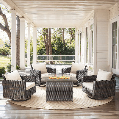 Naresa 5-Piece Outdoor Set  4 Swivel Gliders & Fire Pit Table, 55K BTU Heat, All-Weather PE Wicker
