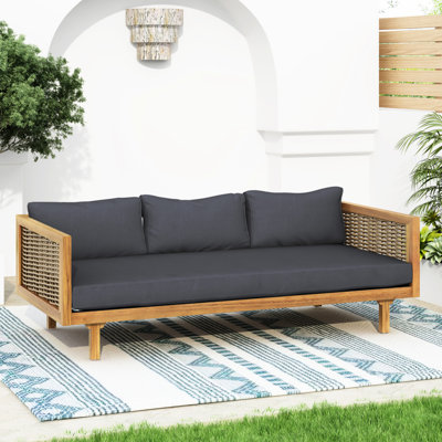 Lit de jour avec 3 sièges, coussin gris foncé, matériau en bois, panneau à lattes, pièce d'eau, profondeur de 31,71 po, structure à assembler, style de siège, coussins, l 66,34 po,