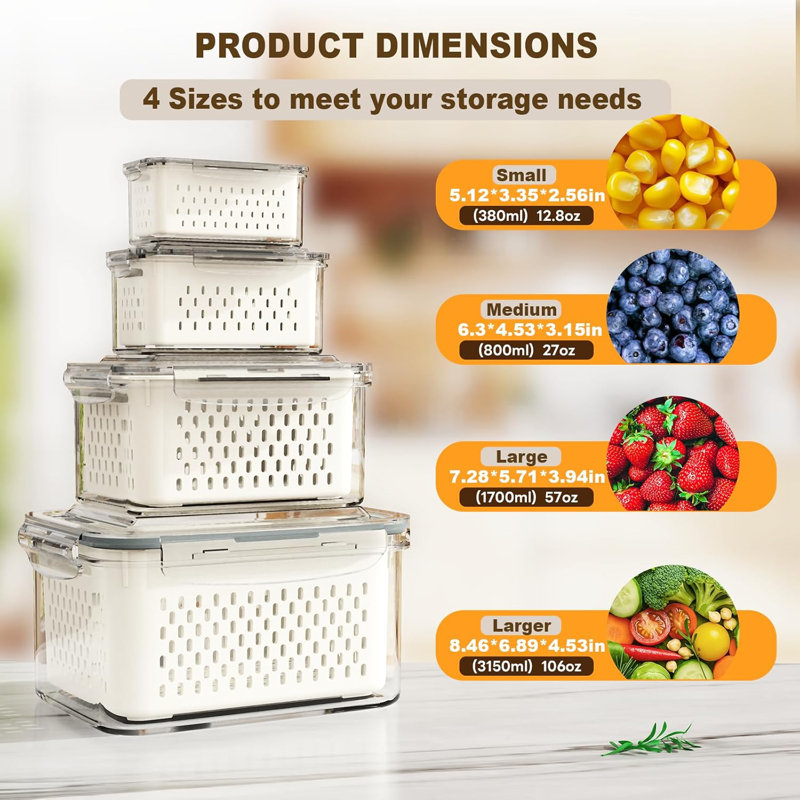 Contenant alimentaire 4 pièces pour réfrigérateur (avec panier de bonde) - Contenant alimentaire étanche
