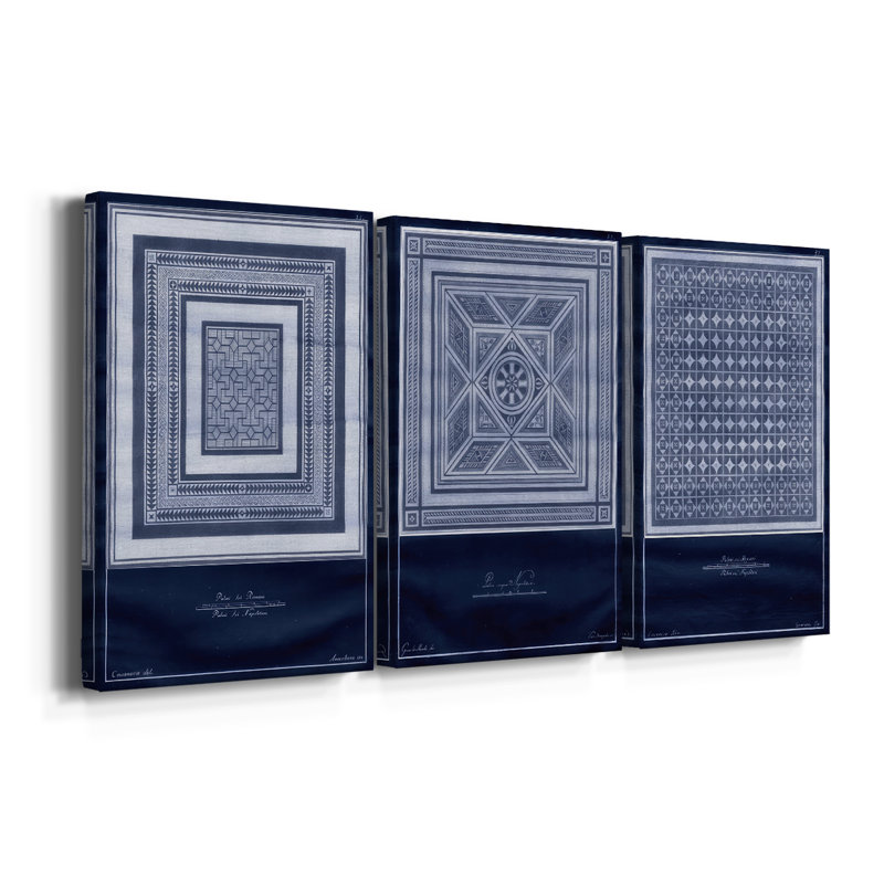 Indigo Tile IV - Toile tendue avec châssis sur mesure - 3 pièces, H 18 po x l 36 po