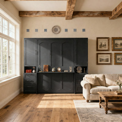 Queen Size Murphy Bed Wall Bed with Closet ,Drawers and Shelves,White