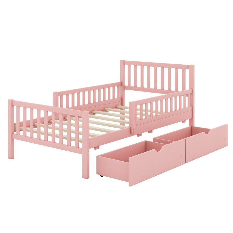 Lit plateforme en bois avec garde-corps des deux côtés et deux tiroirs de rangement, Rose