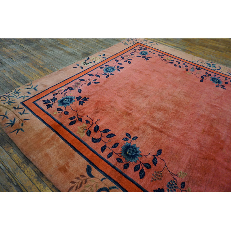 Tapis floral carré en laine noué à la main Coral / Saumon rose des années 1920