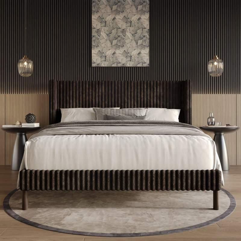 Velvet Upholstered Wingback Bed, Brown, King