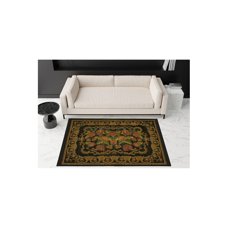 Tapis noir tissé à franges Karabagh, Sous-tapis rectangulaire de 3 pi 3 po x 4 pi 11 po