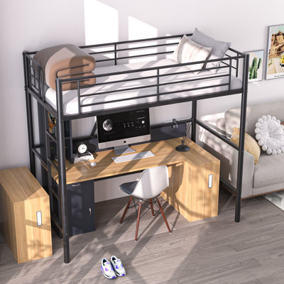 Metal Single Size Loft Bed, Metal Bed Frame with Removable Ladder and Safety Guardrail, Space Saving