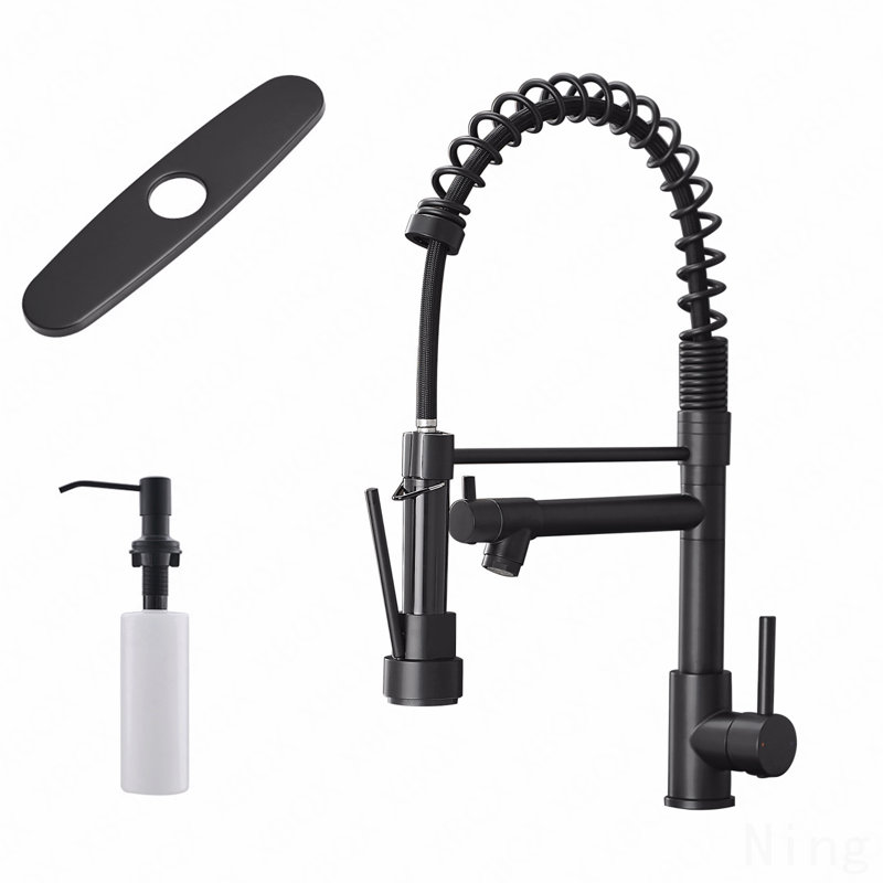 Robinet de cuisine noir à poignée simple en acier inoxydable 304 avec douchette rétractable et distributeur de savon, 2 modes