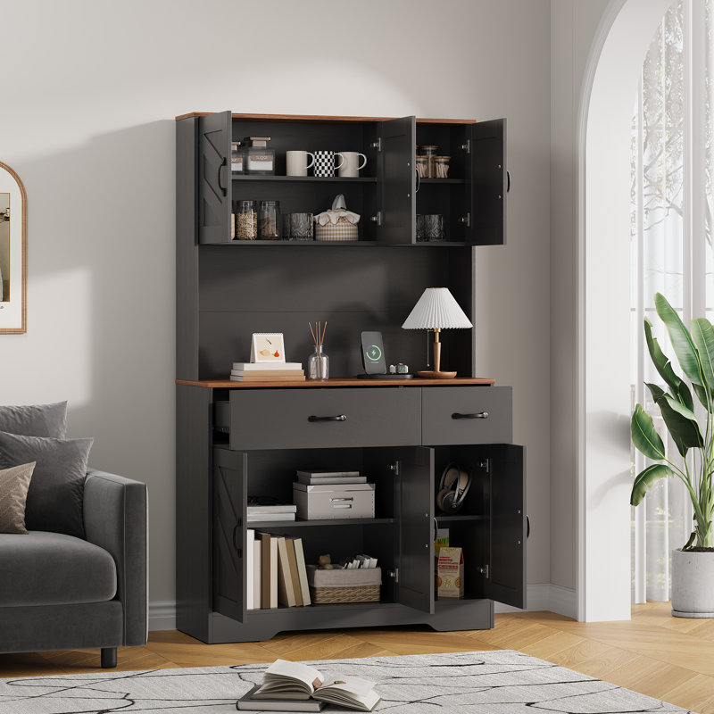 Pantry Cabinet with Charging Station,71" Kitchen Storage with Microwave Shelf, Farmhouse-Style Kitchen Hutch with Drawers and Adjustable Shelves, Ideal for Dining Room Use