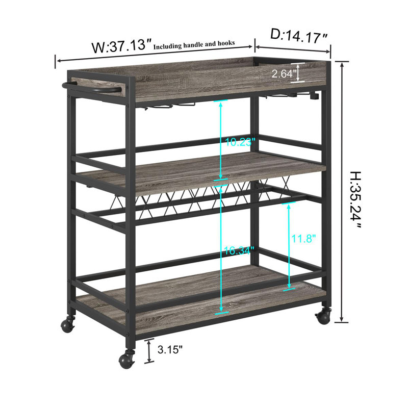 Gray Oak 3-Tier Bar Cart with Wine Rack and Glass Holder