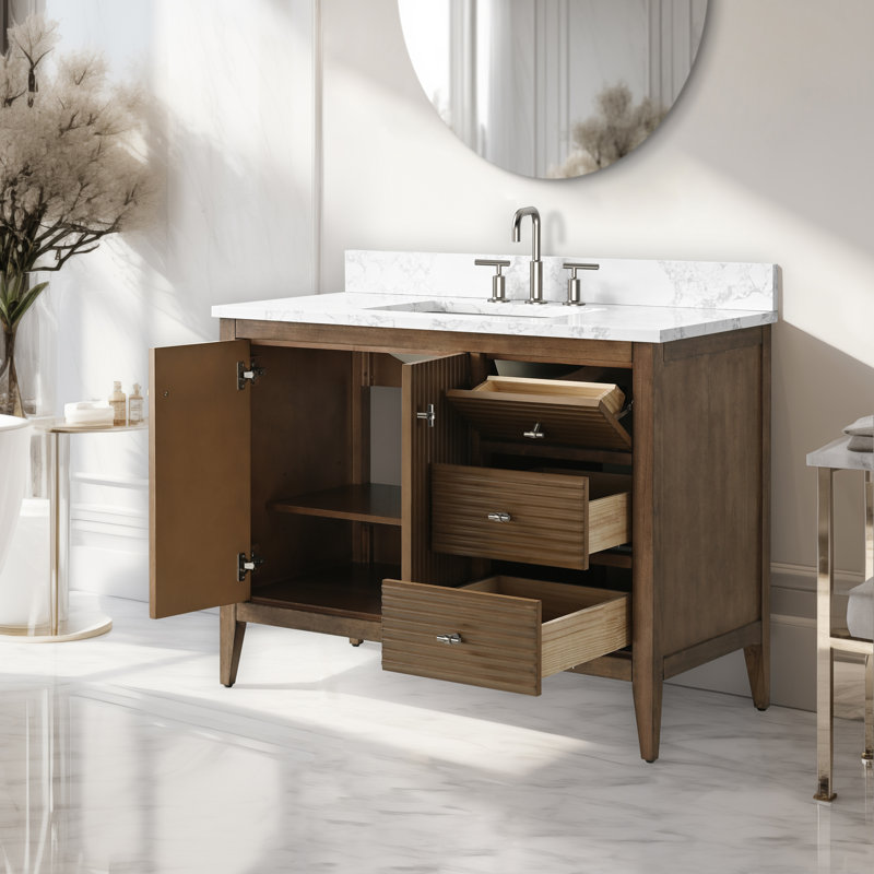 Meuble-lavabo simple 42 po avec plateau en marbre, Noyer linéaire, Nickel brossé