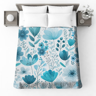 Blue Floral Illustration Quilted Bedspread All Sizes
