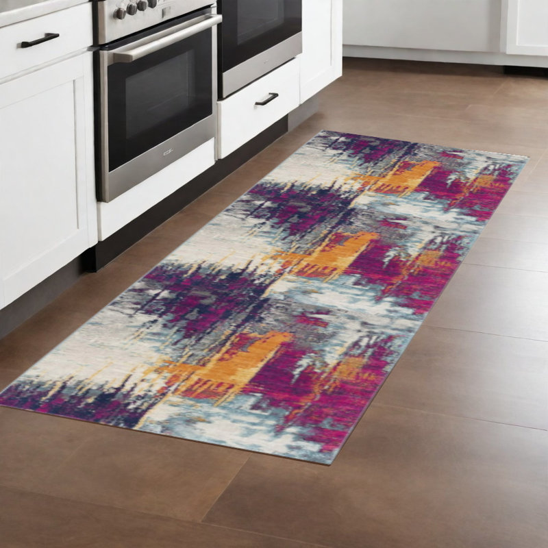 Tapis de couloir abstrait gris ivoire et magenta Comfort, Tapis de couloir 2 pi x 8 pi