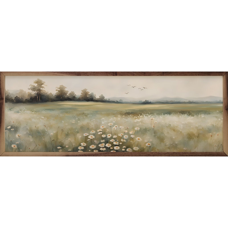 Vallée avec centre de fleurs encadré sur bois, H 12 po x l 36 po