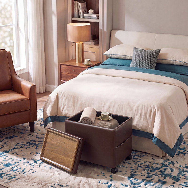 Rolling Faux Leather Storage Ottoman With Reversible Wooden Tray, Brown