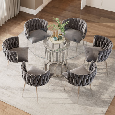  Ensemble de table de salle à manger ronde en verre 47,2 po pour 6 personnes, table de base moderne argentée avec 6 chaises rembourrées en velours, ensemble de table 7 pièces, table de salon confortable pour la cuisine