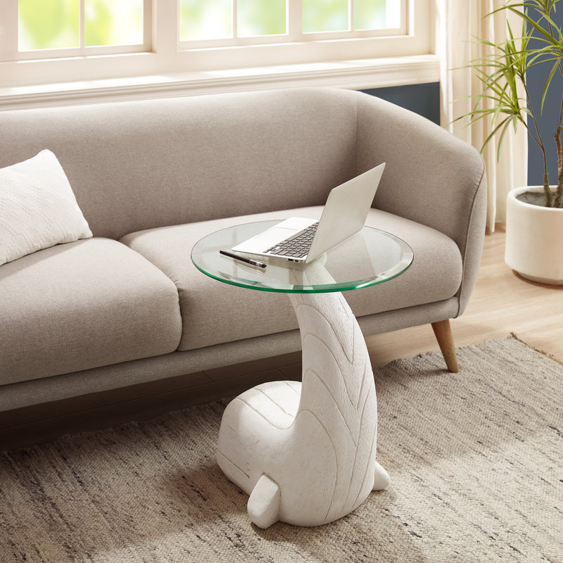 Alaiza the Whale Glass Top Beveled Base End Table, Clear Top/White Base