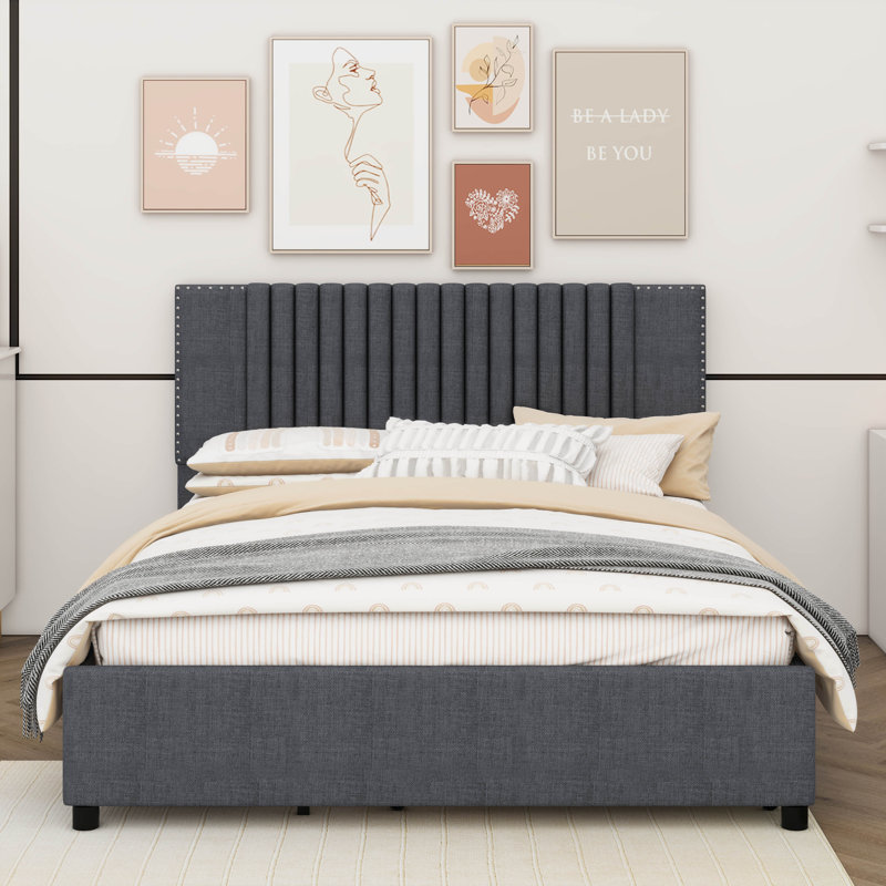 Lit plateforme avec tête de lit rembourrée et 2 tiroirs intégrés, Gris, Grand lit