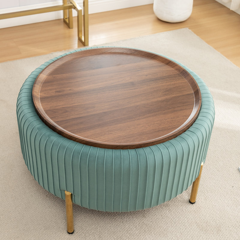 Miajah Upholstered Round Storage Ottoman, Teal