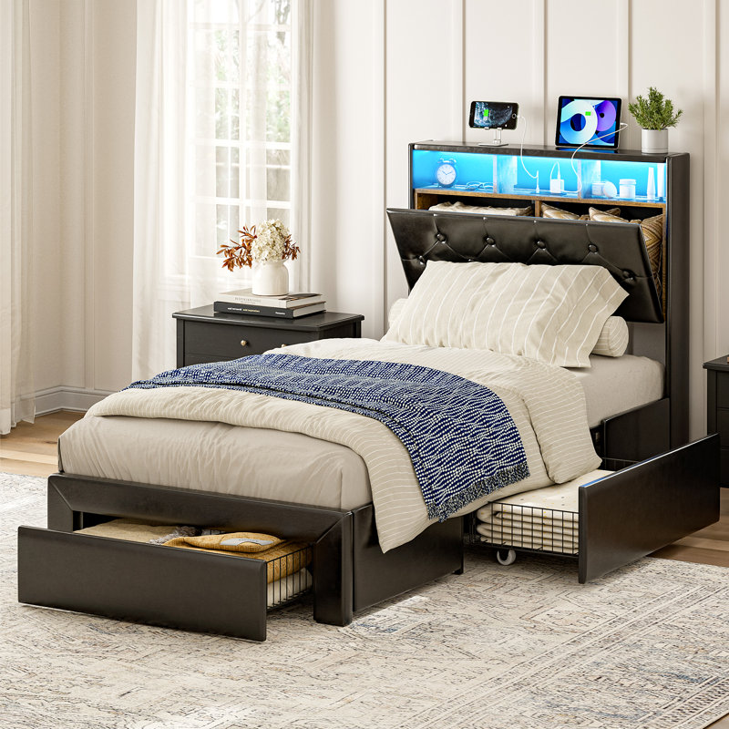 Twin Xl Bed Frames With 3 Storage Drawers, Hidden Storage Headboard With Led Lights & Charging Station, Upholstered Twin Xl Platform Bed, Solid Wood Slats, No Box Spring Needed, Noise Free, Black