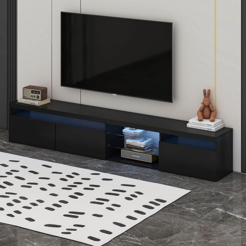 Meuble télé avec lumières DEL - 2 tablettes en verre et armoires de rangement cachées, Noir