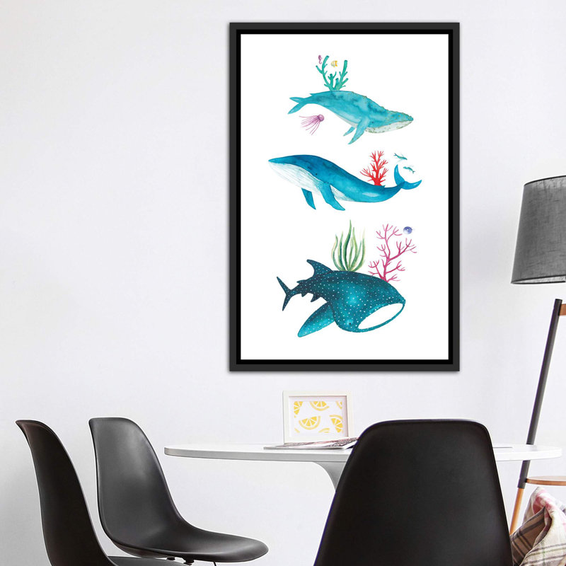 Créatures de l'océan - impression, Pas de tapis, H 60 po x l 40po x P 1,5 po, Toile avec cadre noir