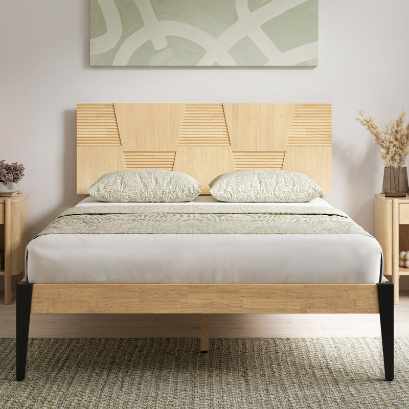 Nesto Modern Full Bed Frame With Geometric Headboard & Black Matte Metal Legs, Premium Solid Wood Platform Bed Frame, Wood Slat Support, No Box Spring Needed