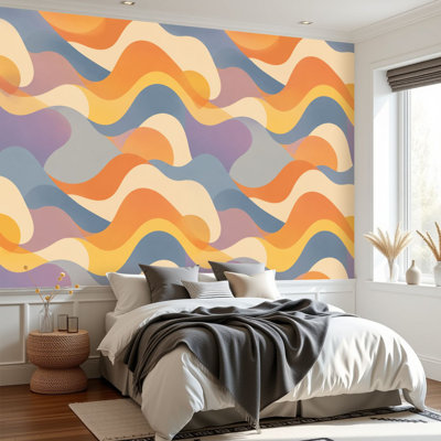 Papier peint adhésif peler et coller Groovy rétro sans soudure ondulé arc-en-ciel ondulé pour des impressions branchées et branchées Papier auto-adhésif amovible de contact mural pour le salon Chambre à coucher H 69 po x l 96 po