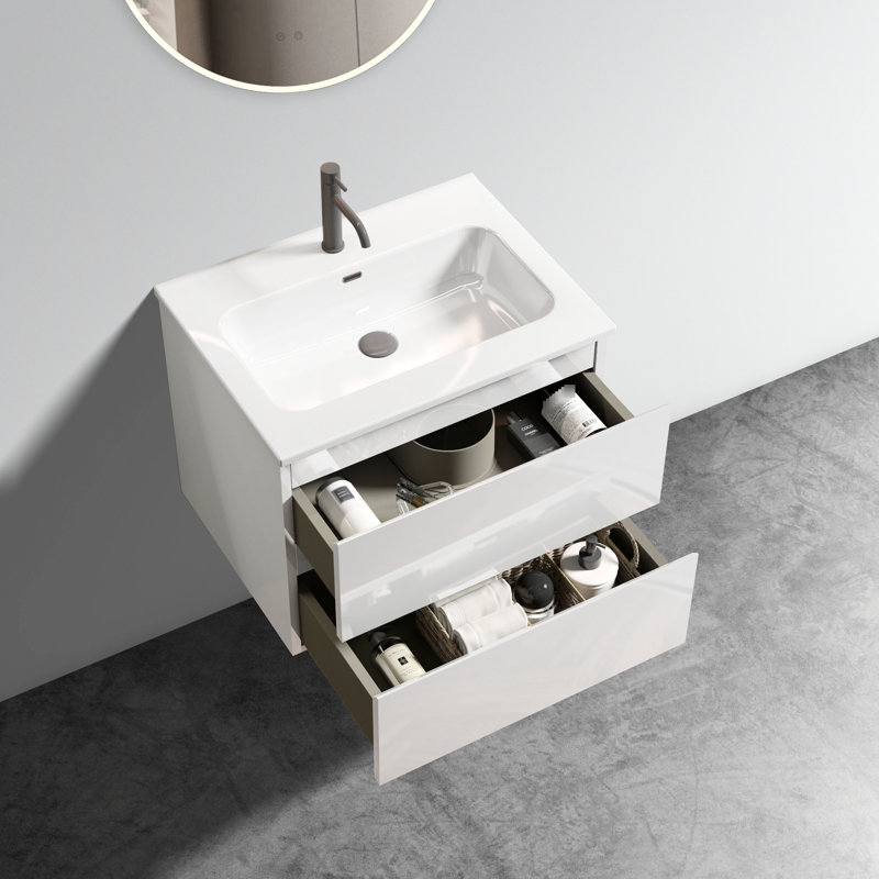 Meuble-lavabo de salle de bain blanc brillant 24 po - style moderne avec lavabo en céramique et tiroirs de rangement spacieux et silencieux
