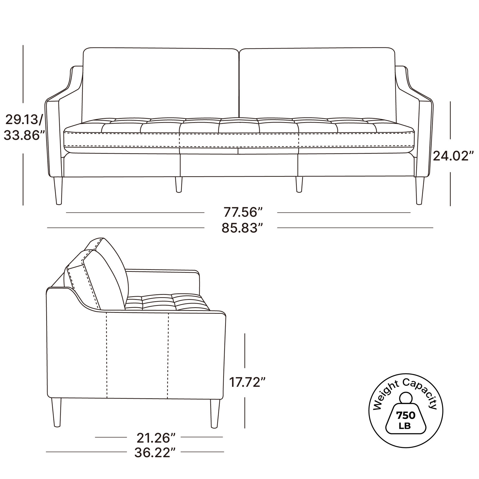 Liz 85" Upholstered Sofa, Dark Brown, 32.28"H x 84.25"W x 39.37"D, Capri Truffle