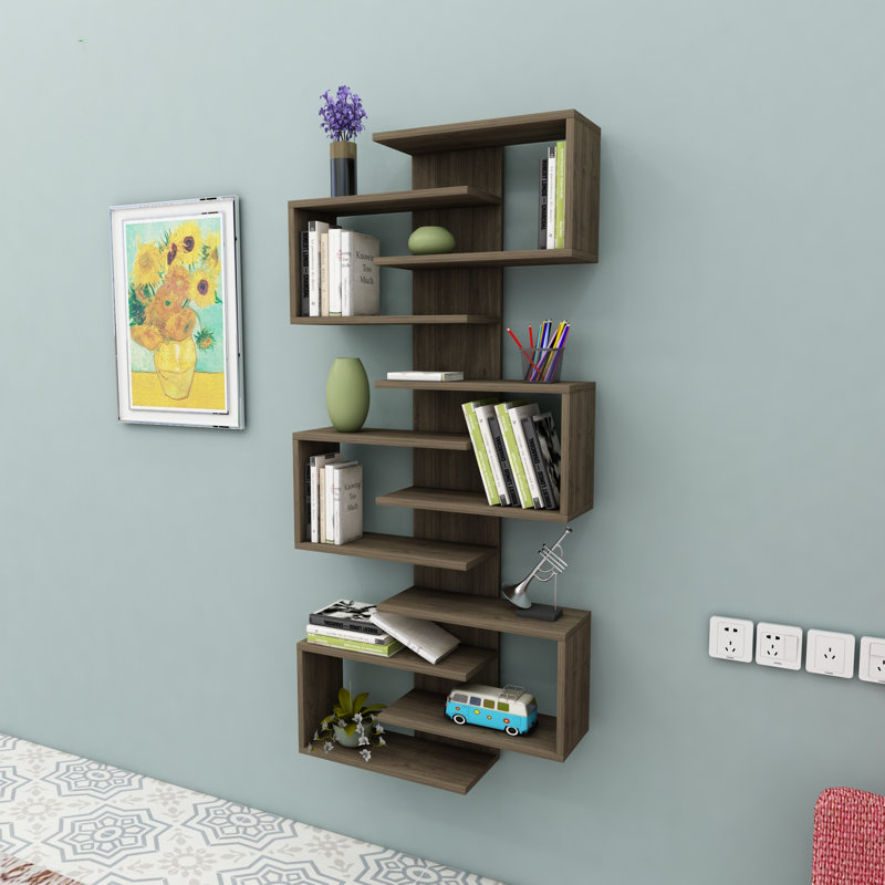 Bibliothèque moderne en noyer avec de nombreuses tablettes, 29,5 x 63,5 x 8,4 pouces | 100% panneau de particules enduit de mélamine, épaisseur: 0,7 pouce | Conception murale, solution de rangement élégante pour la maison et le bureau