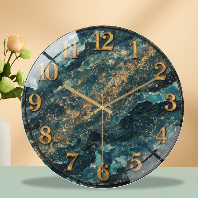 Horloge avec chiffres or et marbre bleu sarcelle - horloge murale moderne en verre 12 po