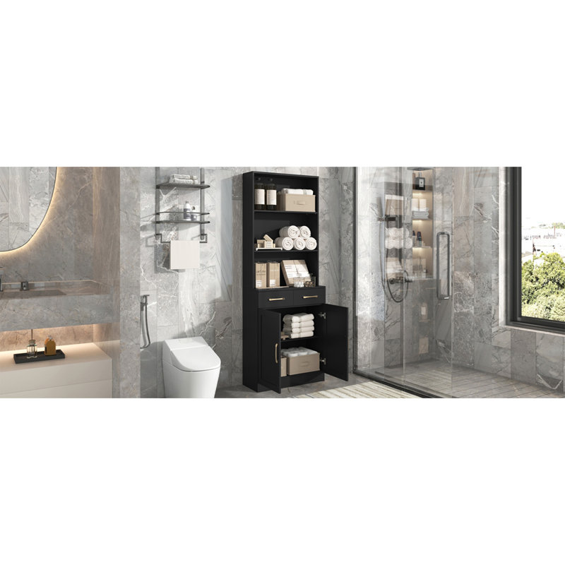 Armoire de rangement pour salle de bain, armoire avec deux portes et tiroirs, tablette réglable, tablette ouverte à trois couches, panneau de fibres à densité moyenne, noir