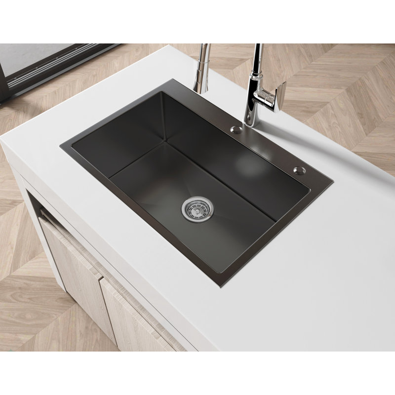 Évier de cuisine en acier inoxydable, 27 po x 19 po Lavabo fait à la main à simple cuve, avec drain et crochet standards américains