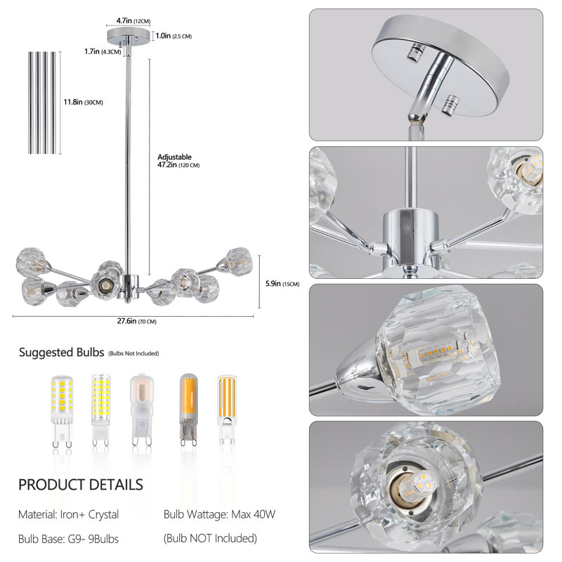 Lustre moderne en cristal avec 9 lumières, Chrome chrome