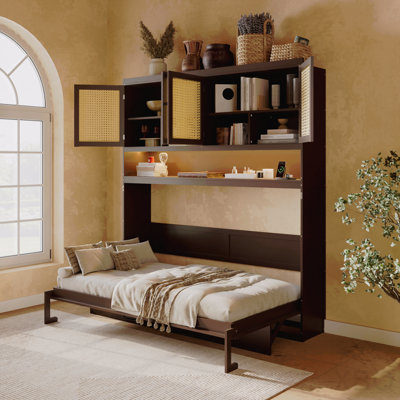 Lit escamotable simple avec armoire supérieure, lit pliable peu encombrant avec lumière et USB, espresso