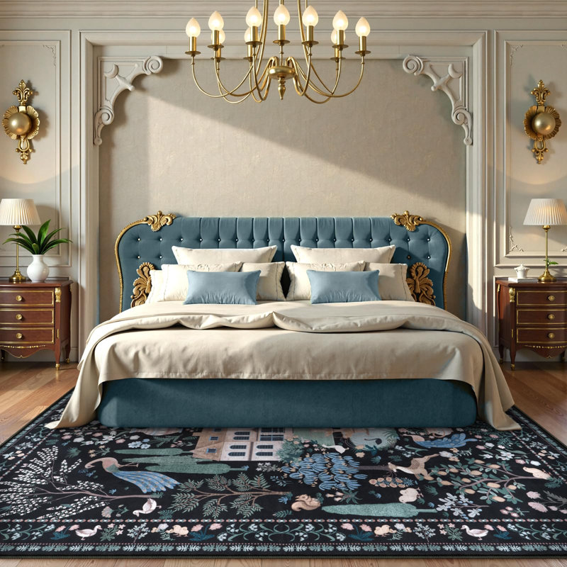 Tapis floral noir rétro lavable à la machine Goldene, Rectangle 5 pi x 7 pi