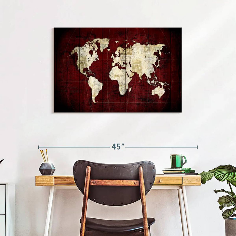 «White on Red World Map», reproduction sur toile, H 24 po x l 36 po x P 1,25 po