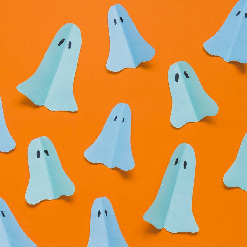 Ghosts Pattern On Orange Background. Minimal Flat Lay. by Katya_Havok - Wrapped Canvas Print, 30cm H x 30cm W