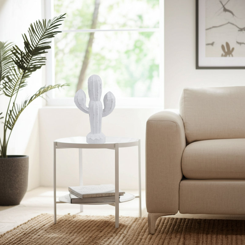 Decorative Wooden Cactus Sculpture Figurine for Home Decor - Modern Southwestern Object Accent for Table, or Living Room Decoration - White
