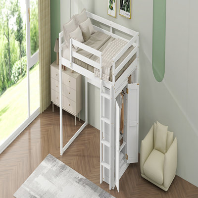 Lit mezzanine double en bois avec garde-robe intégrée et tablettes de rangement, lumière DEL