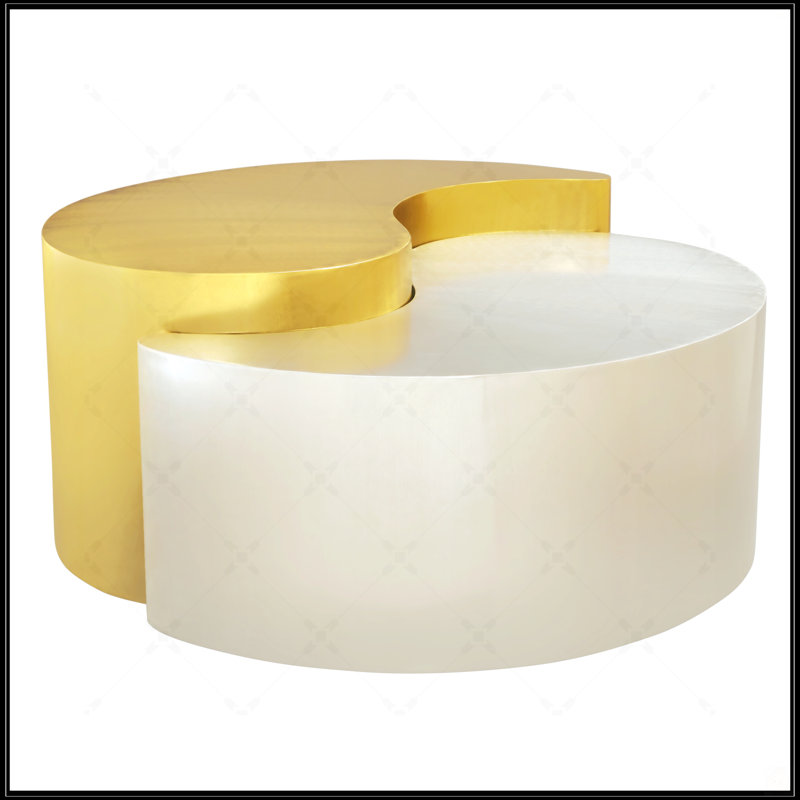 Table basse 2PC de style moderne et contemporain fabriquée avec un cadre en tôle de fer, Doré / Blanc
