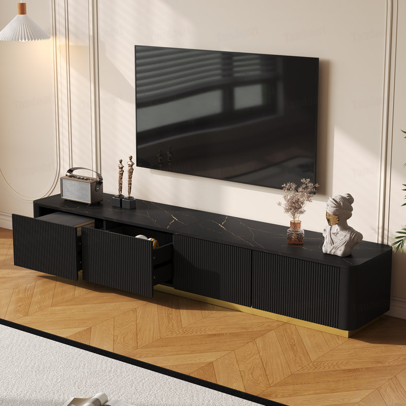 Meuble télé de luxe cannelé pour téléviseur de 85 po ou moins, console multimédia de table en faux marbre avec 4 tiroirs, profil incurvé, centre de divertissement moderne avec base dorée