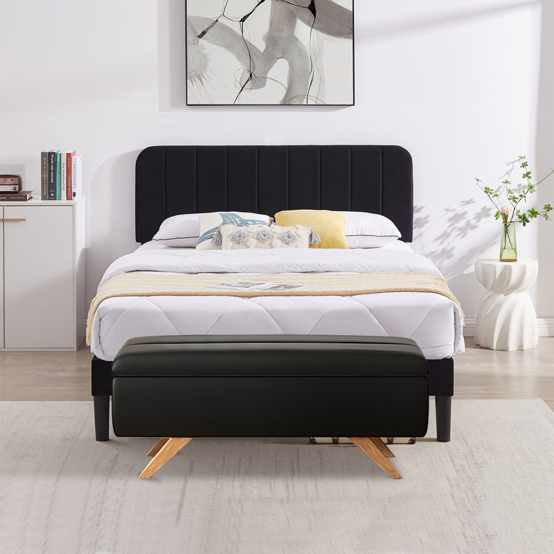Ensemble de lit avec ensemble de chambre à coucher 2 pièces avec rangement pour repose-pieds, cadre de lit plateforme tapissier et ensemble de repose-pieds
