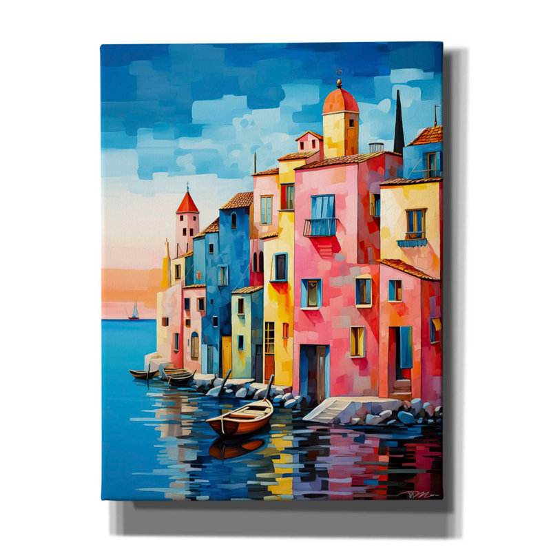 Art mural sur toile Breakwater Bay, "Maisons sur la mer" par Momart, H 16 po x l 12 po x P 0,75 po