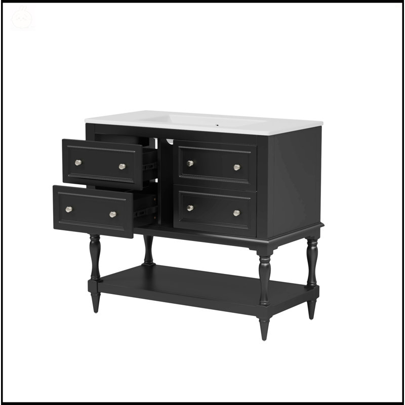 Meuble-lavabo autoportant de 36 pouces avec lavabo sous-comptoir en céramique, 4 tiroirs et structure en bois massif noir