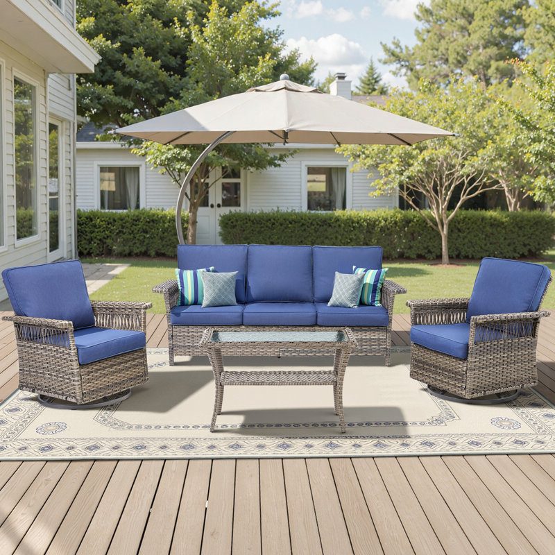 Ensembles de conversation pour patio en osier toutes saisons Anferney avec fauteuil coulissant et table basse, Bleu, Gris